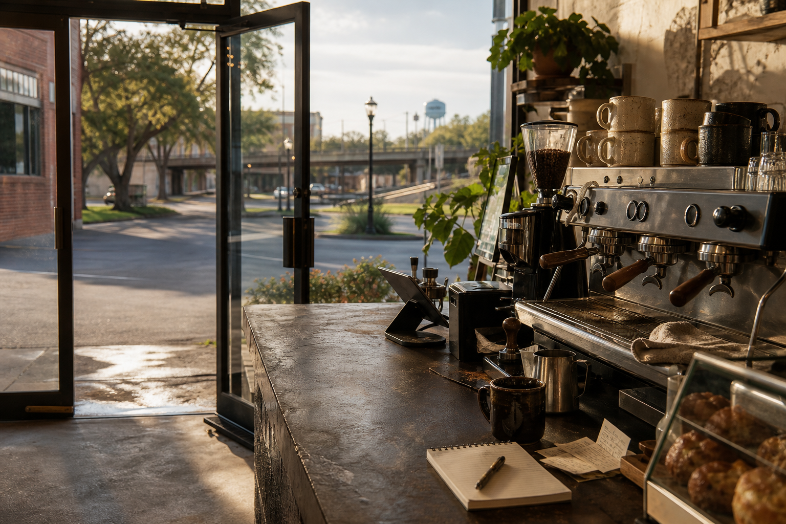 Valdosta coffee shop interior with GA morning light around the espresso bar.
