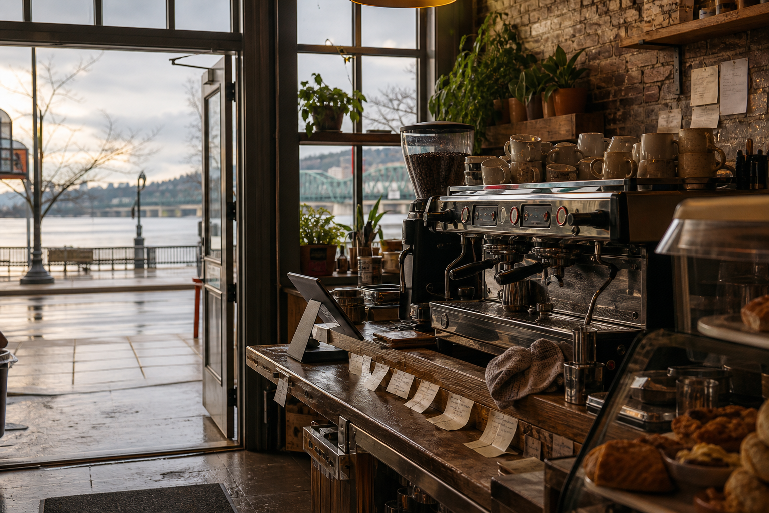 Vancouver coffee shop interior with WA morning light around the espresso bar.