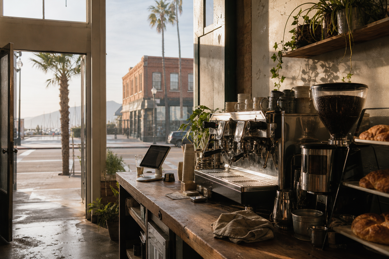 Ventura coffee shop interior with CA morning light around the espresso bar.