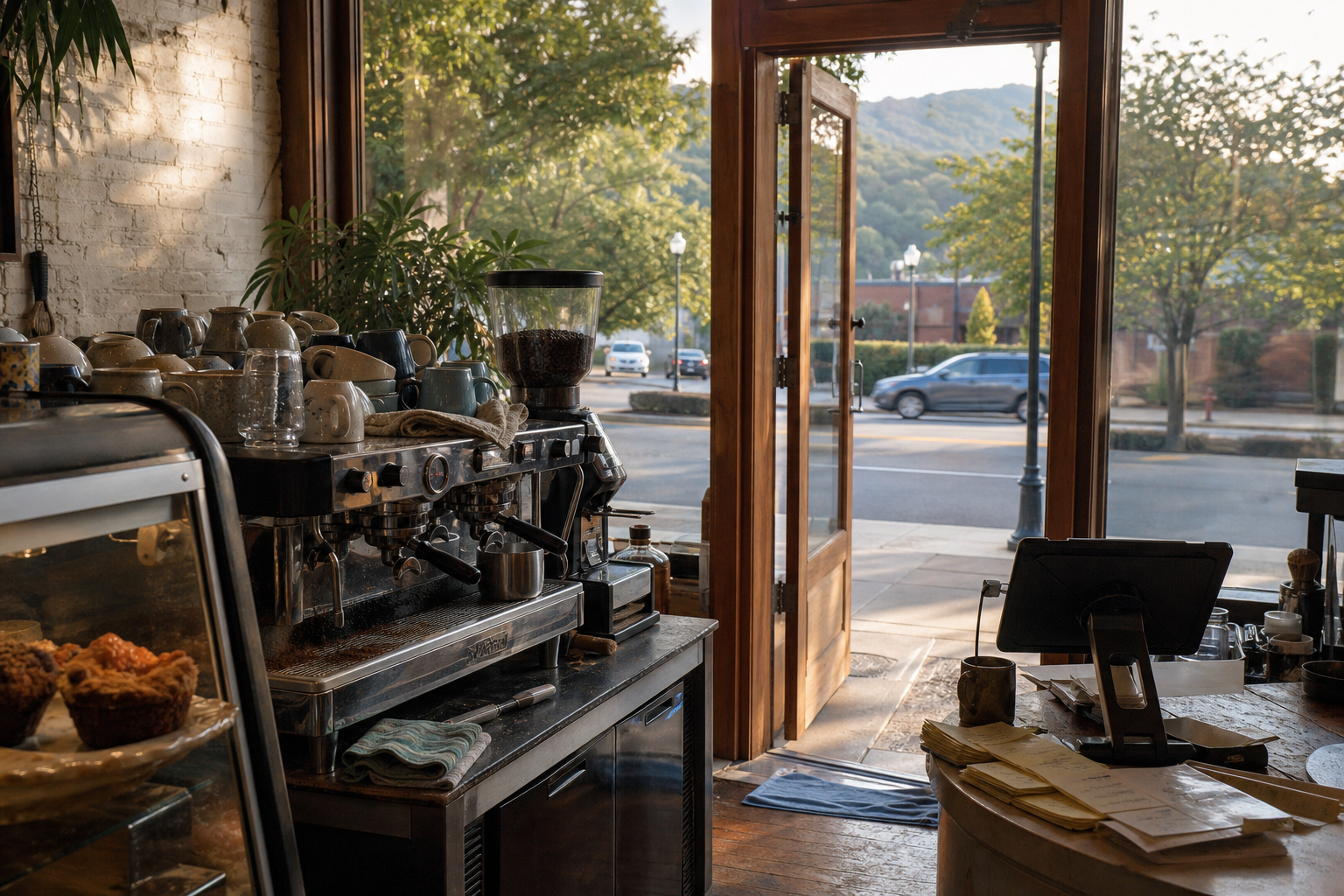Vestavia Hills coffee shop interior with AL morning light around the espresso bar.
