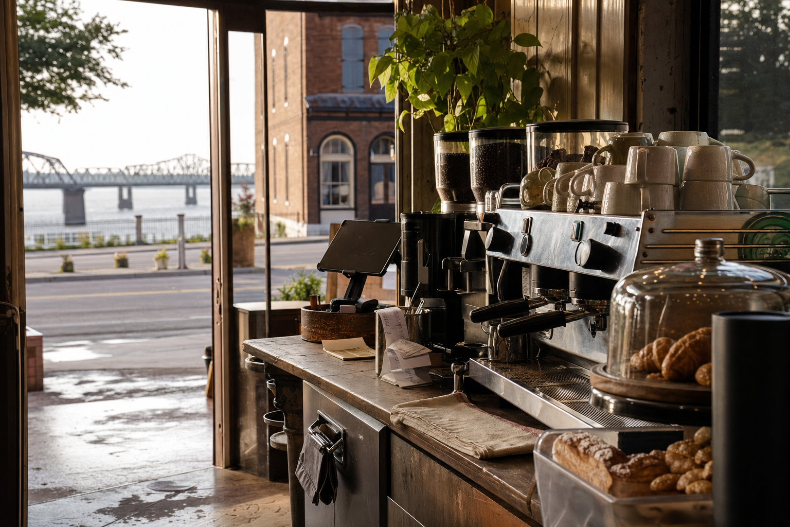 Vicksburg coffee shop interior with MS morning light around the espresso bar.