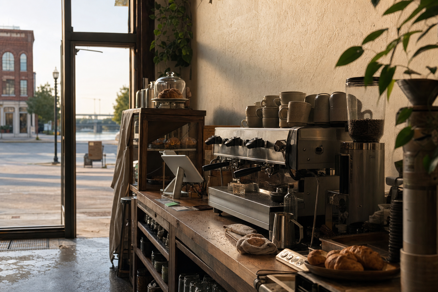 Waco coffee shop interior with TX morning light around the espresso bar.