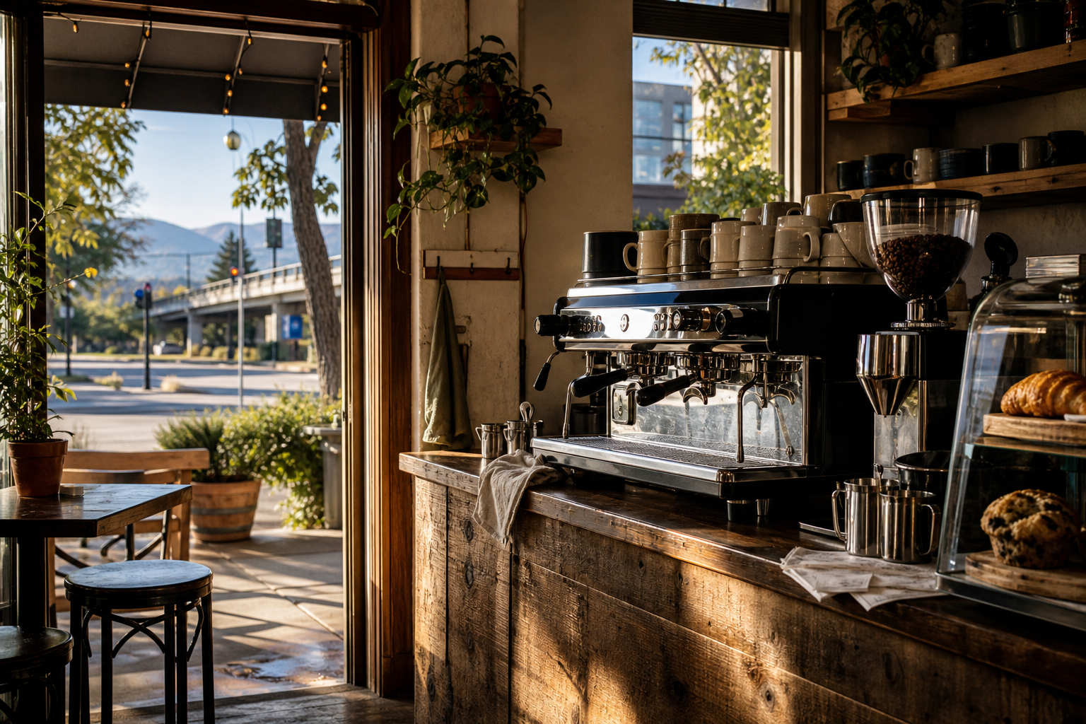 Walnut Creek coffee shop interior with CA morning light around the espresso bar.