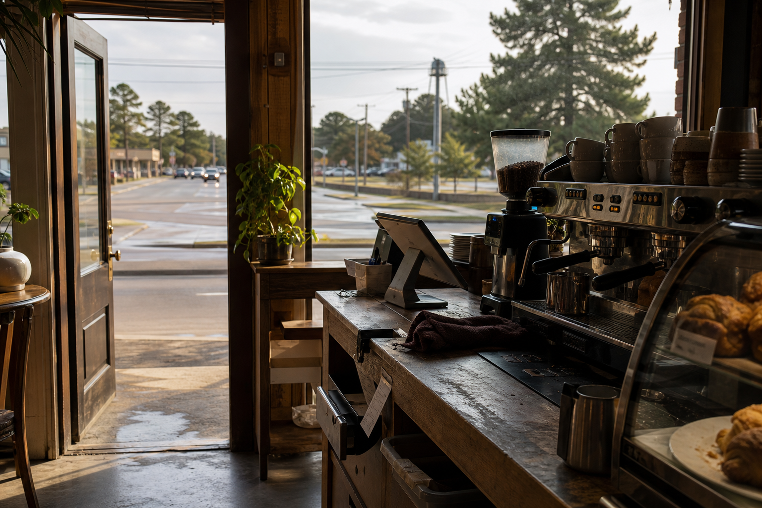 Warner Robins coffee shop interior with GA morning light around the espresso bar.