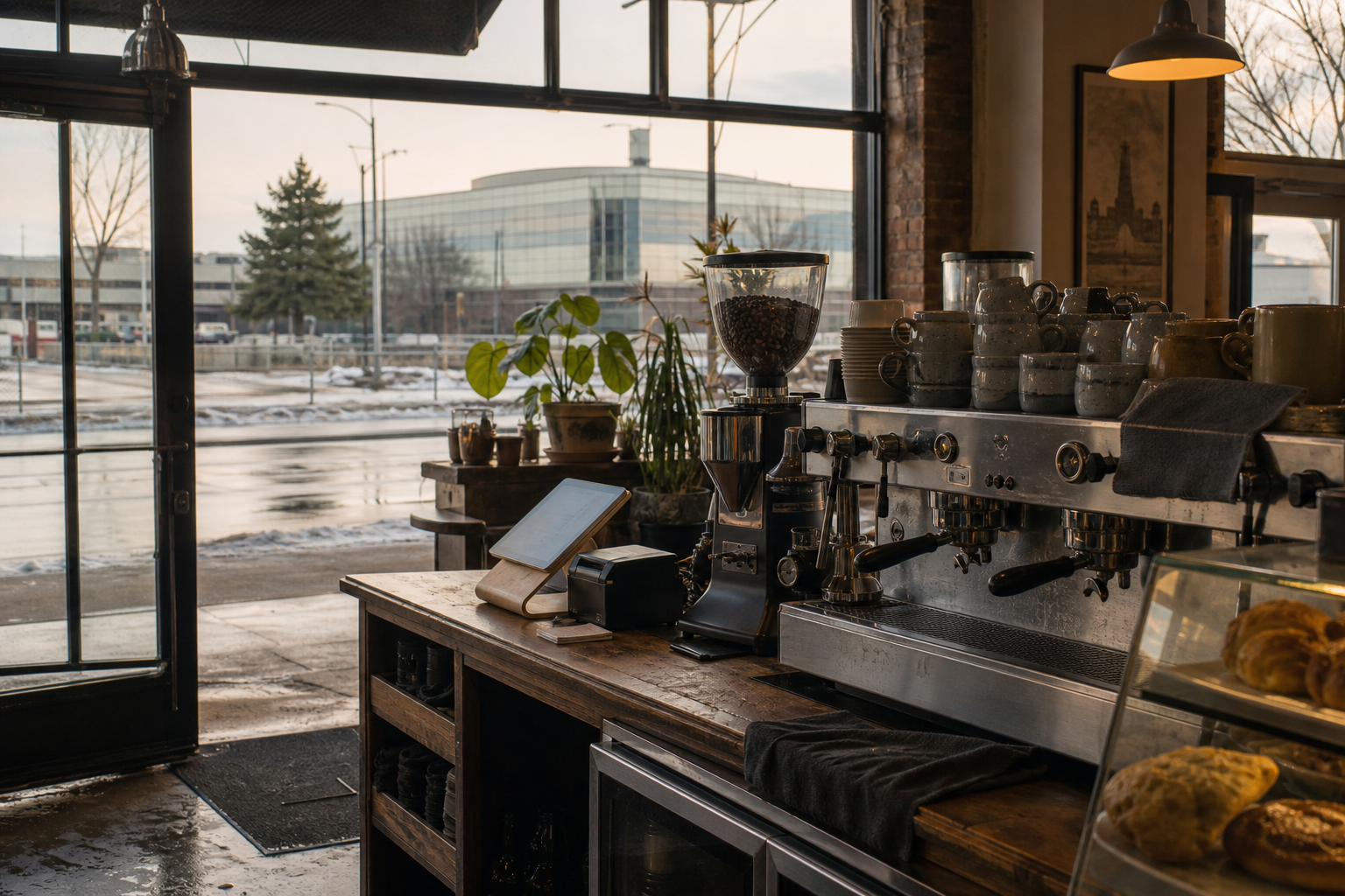 Warren coffee shop interior with MI morning light around the espresso bar.