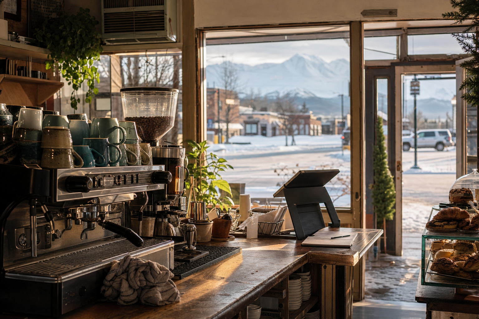Wasilla coffee shop interior with AK morning light around the espresso bar.