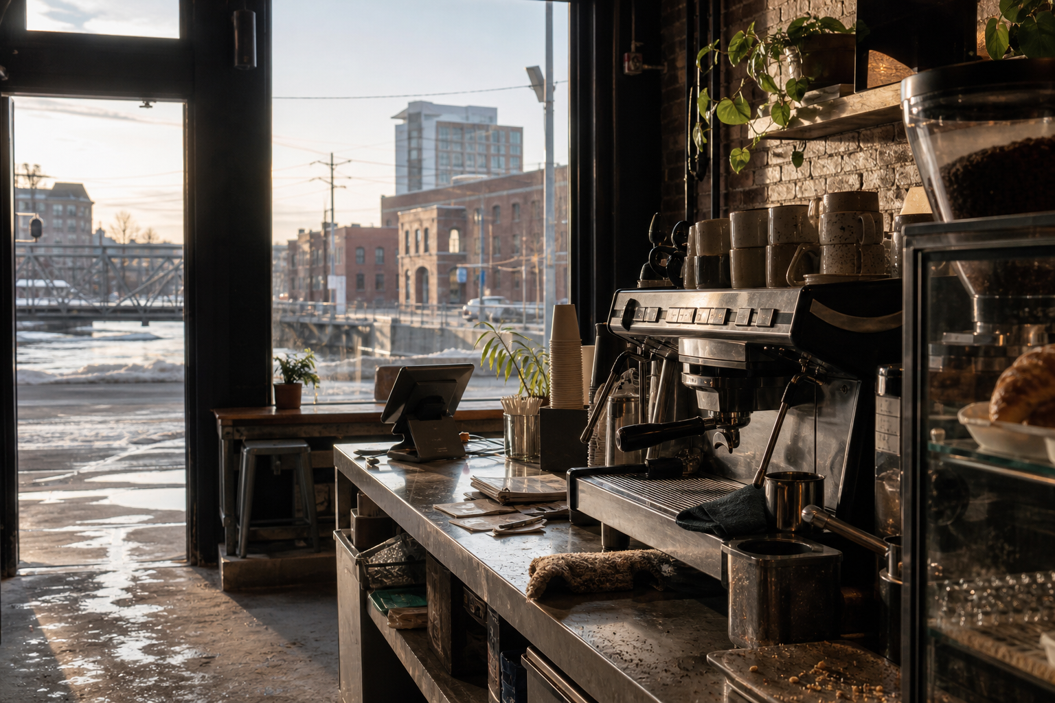 Waterloo coffee shop interior with IA morning light around the espresso bar.