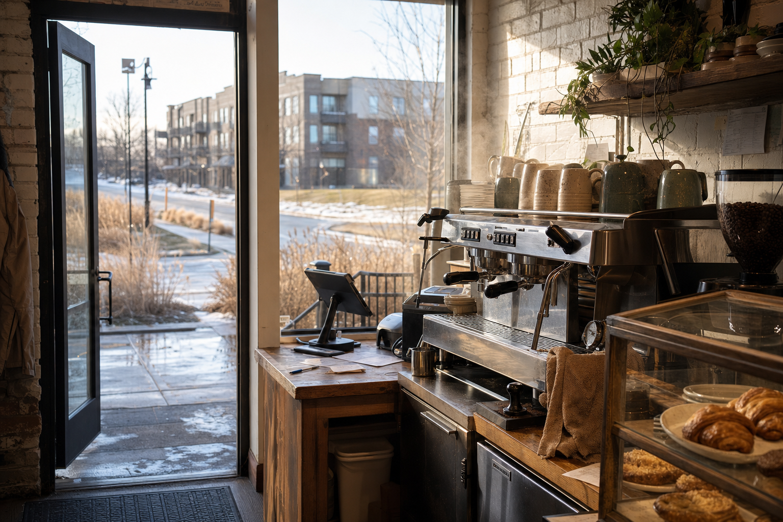 Waukee coffee shop interior with IA morning light around the espresso bar.
