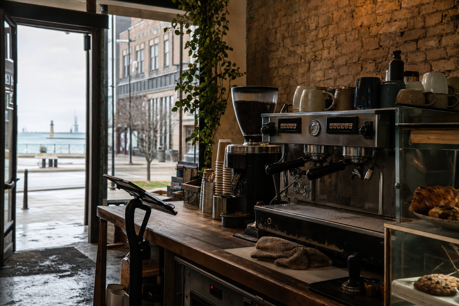 Waukegan coffee shop interior with IL morning light around the espresso bar.