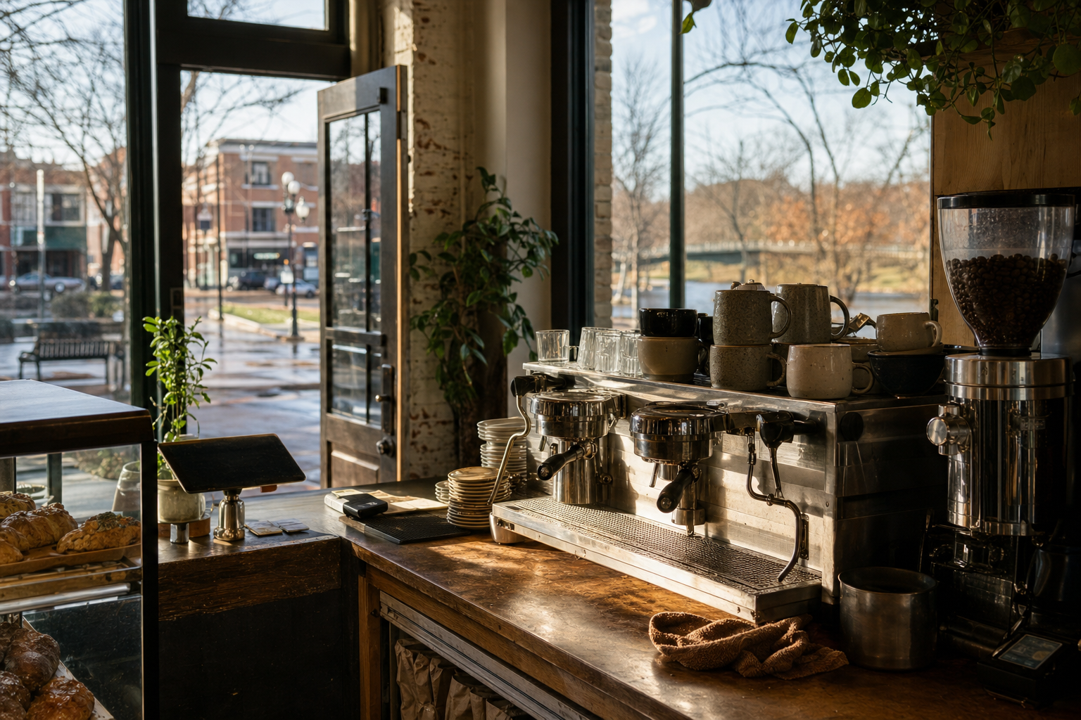 West Des Moines coffee shop interior with IA morning light around the espresso bar.