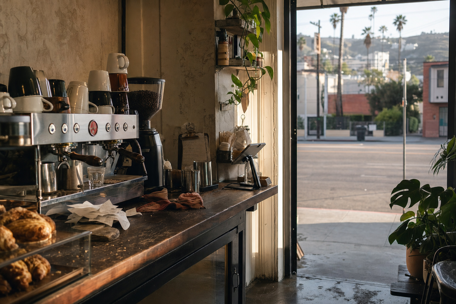 West Hollywood coffee shop interior with CA morning light around the espresso bar.