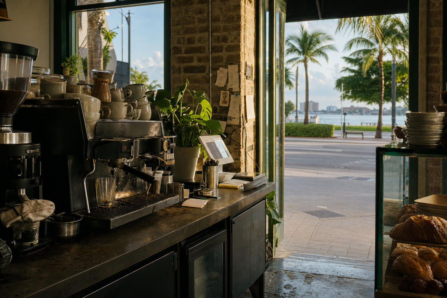 West Palm Beach coffee shop interior with FL morning light around the espresso bar.