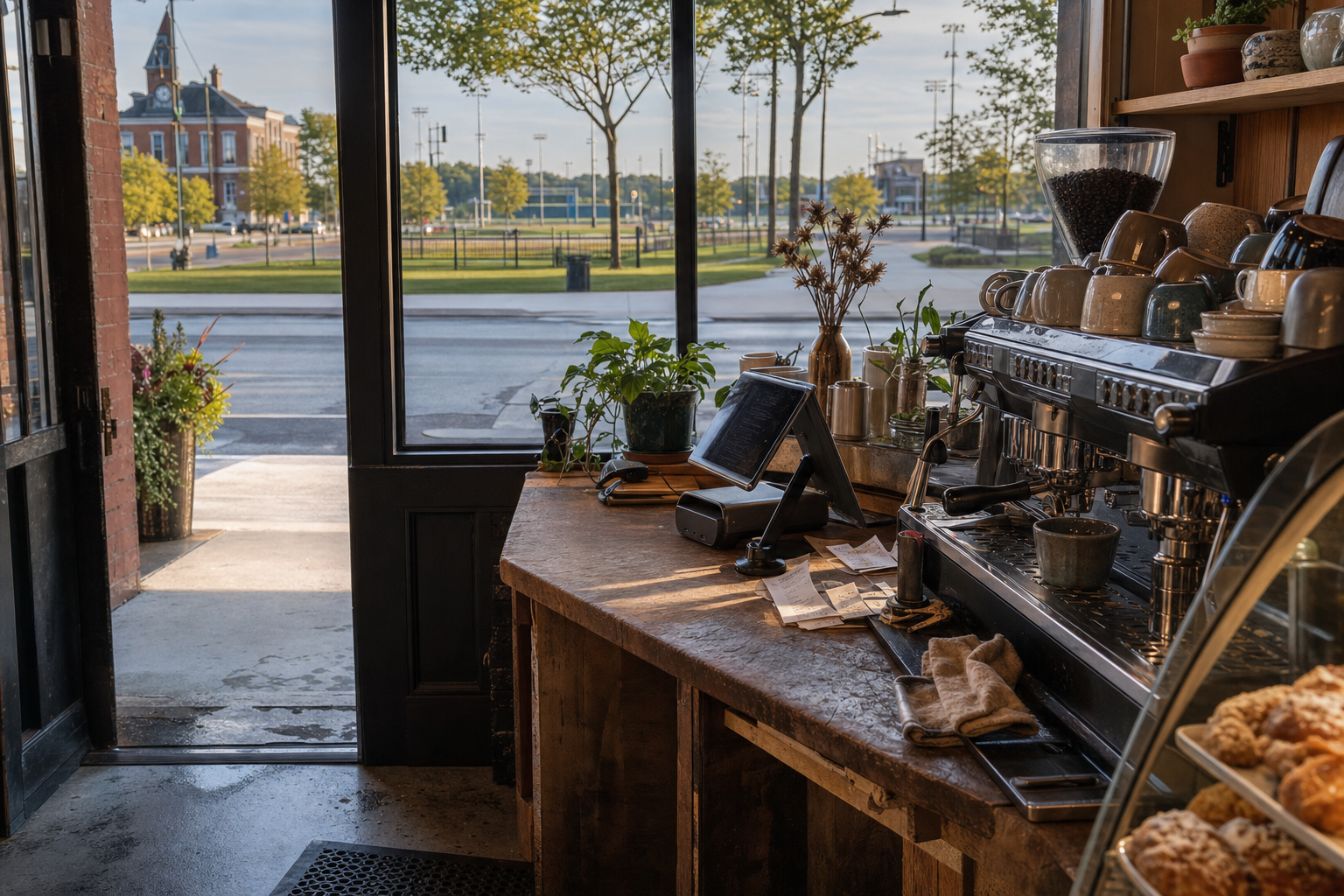 Westfield coffee shop interior with IN morning light around the espresso bar.