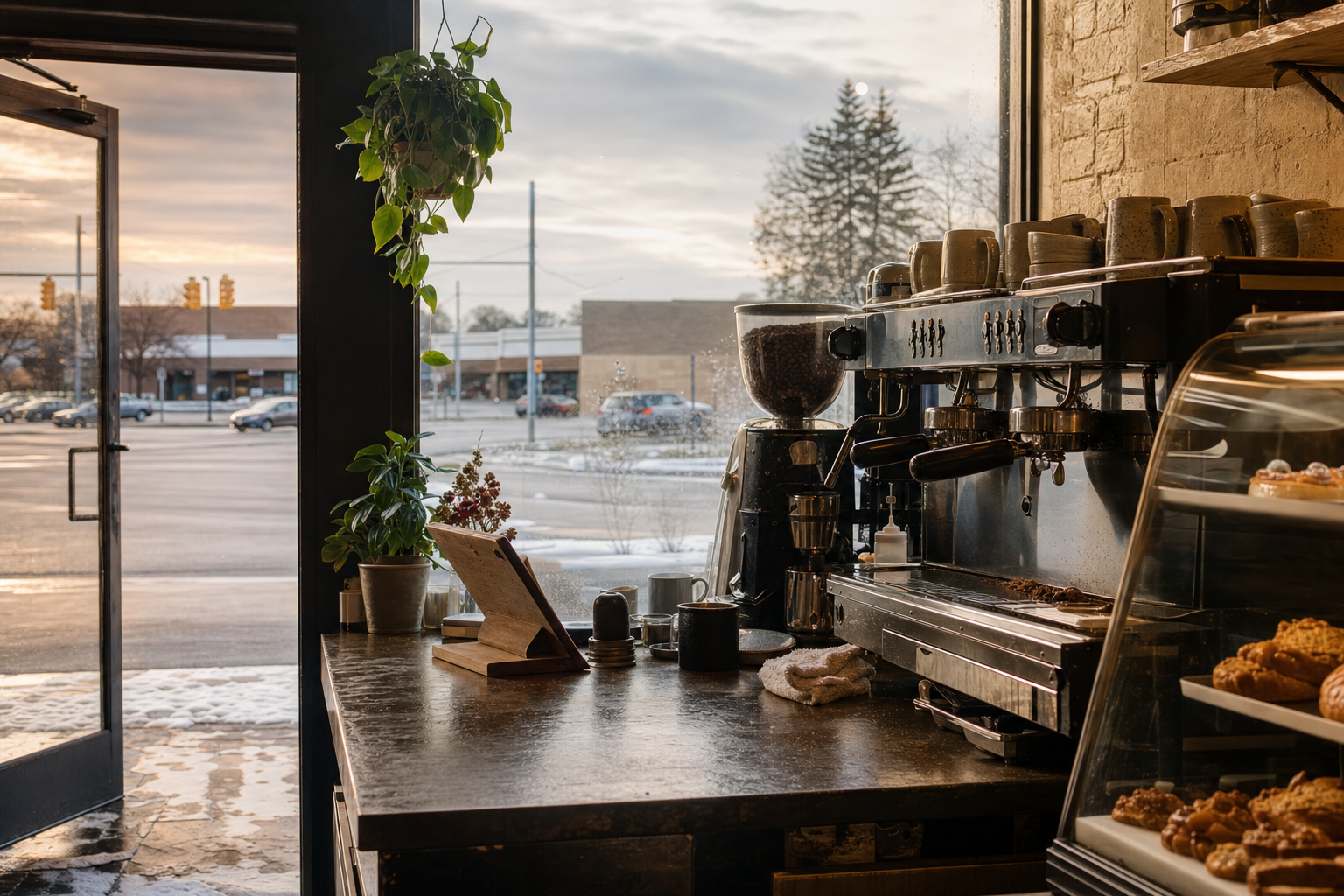 Westland coffee shop interior with MI morning light around the espresso bar.