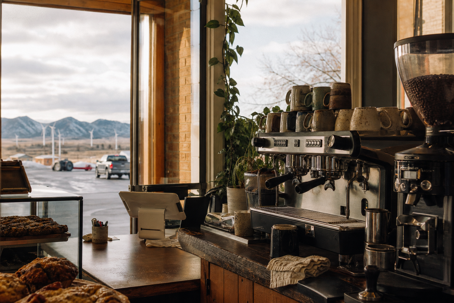 Wheatland coffee shop interior with WY morning light around the espresso bar.