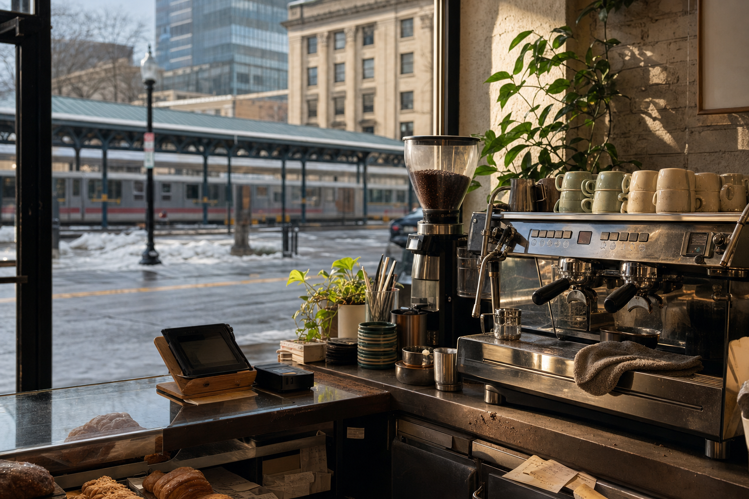 White Plains coffee shop interior with NY morning light around the espresso bar.