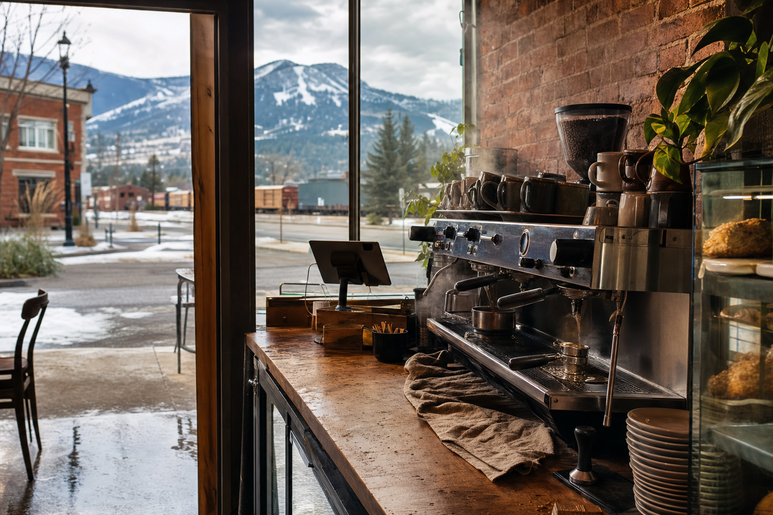 Whitefish coffee shop interior with MT morning light around the espresso bar.