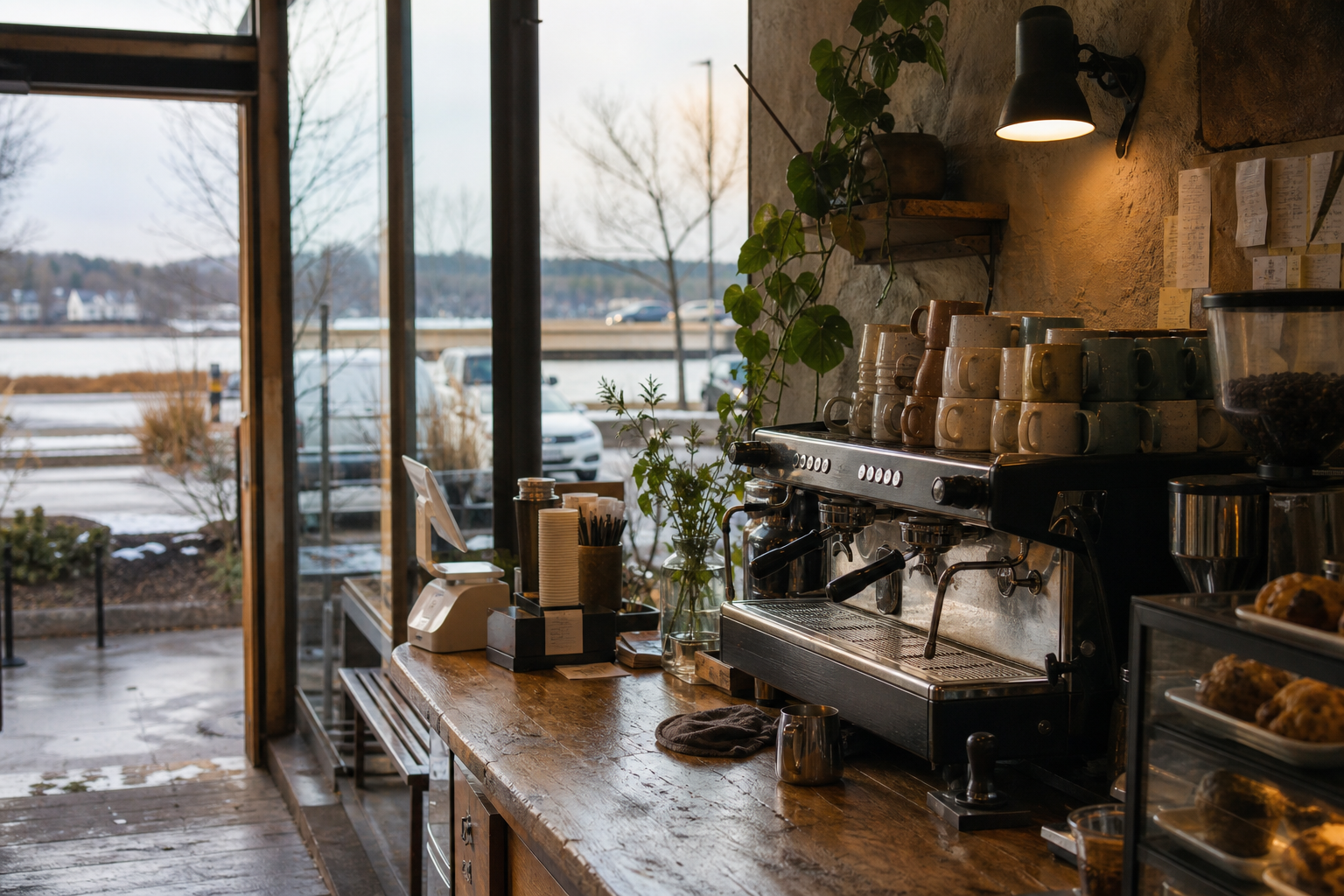 Woodbury coffee shop interior with MN morning light around the espresso bar.