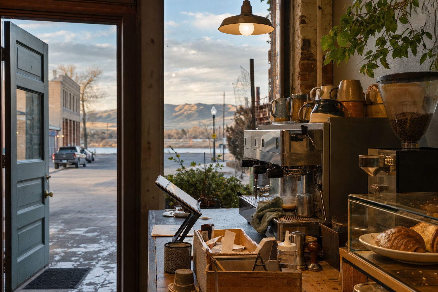 Worland coffee shop interior with WY morning light around the espresso bar.