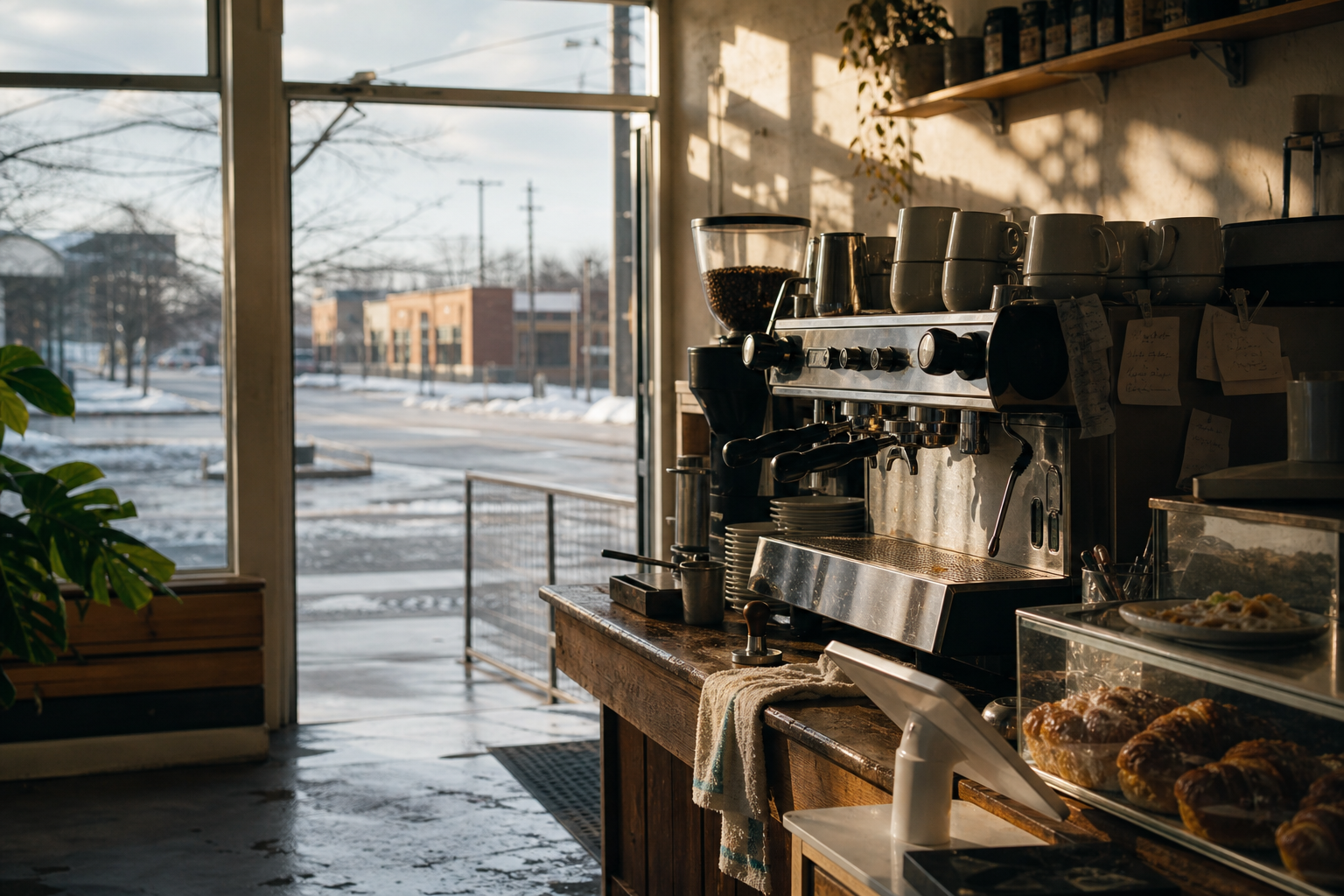 Wyoming coffee shop interior with MI morning light around the espresso bar.