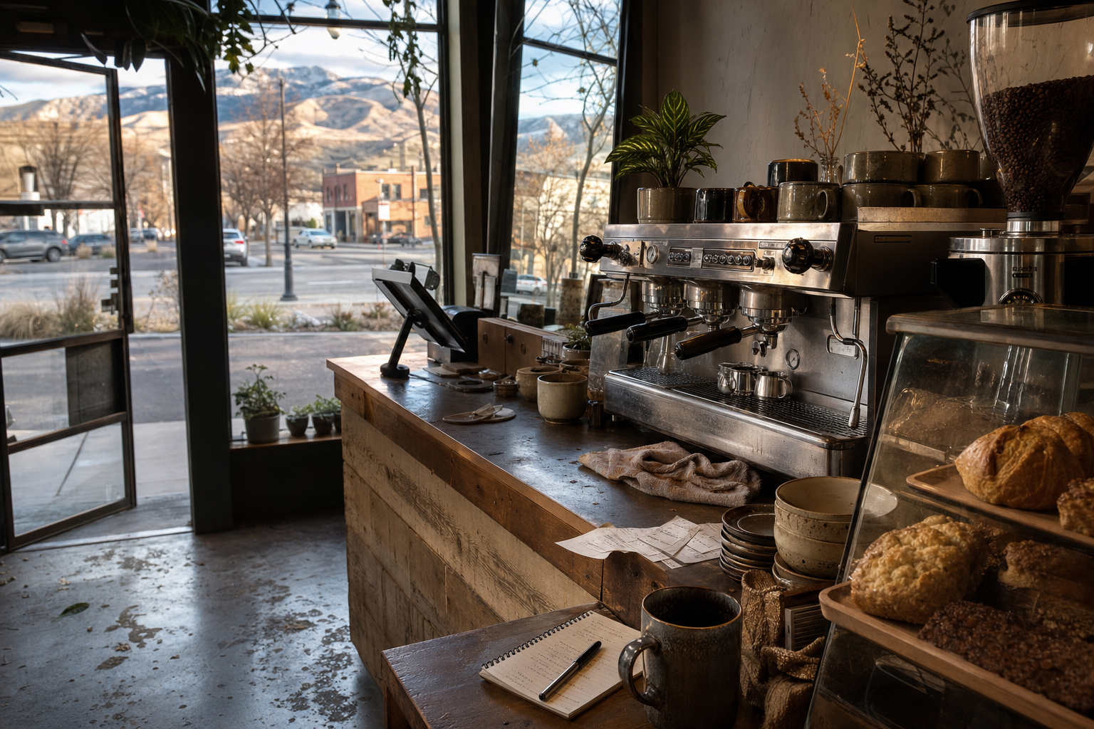 Yakima coffee shop interior with WA morning light around the espresso bar.