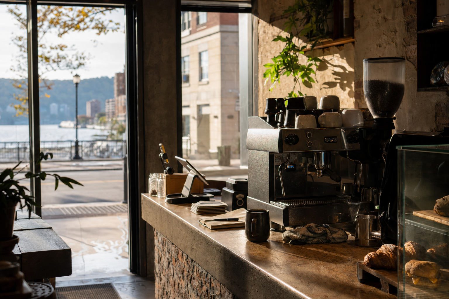 Yonkers coffee shop interior with NY morning light around the espresso bar.