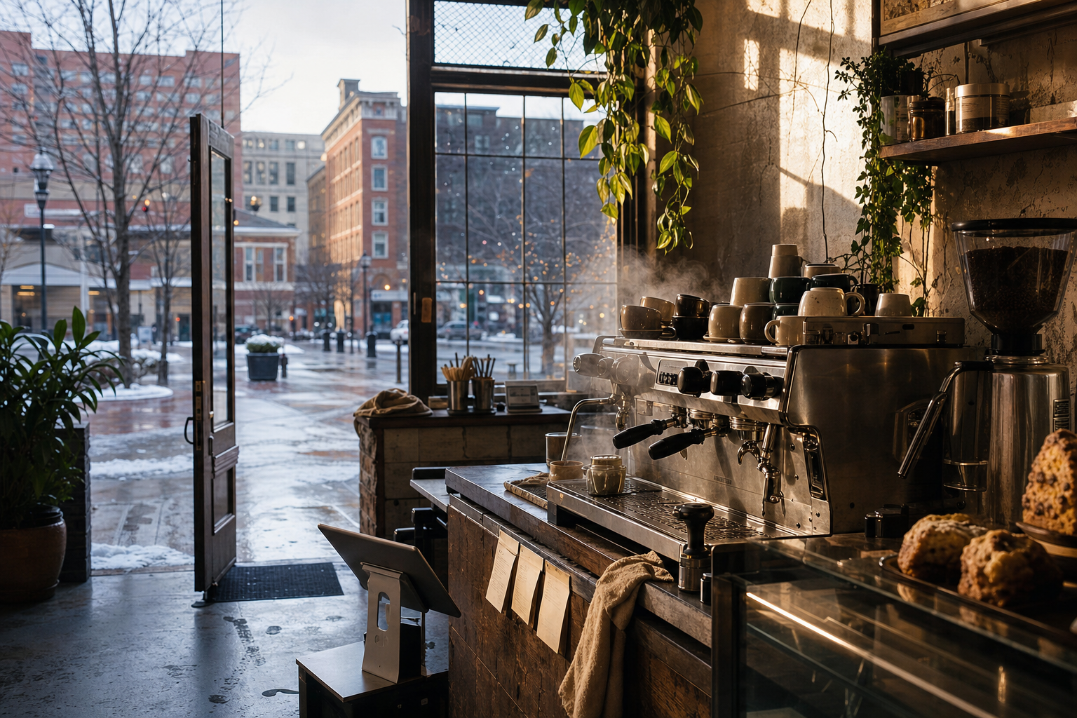 Youngstown coffee shop interior with OH morning light around the espresso bar.