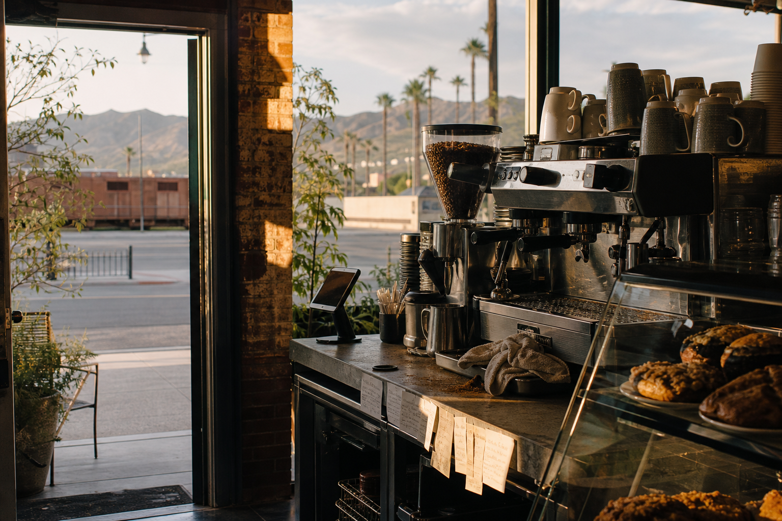 Yuma coffee shop interior with AZ morning light around the espresso bar.