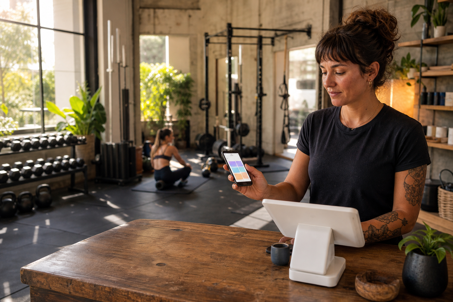 Independent boutique gym floor with weights and equipment in morning light — a staffer at the front desk with the schedule on her phone.