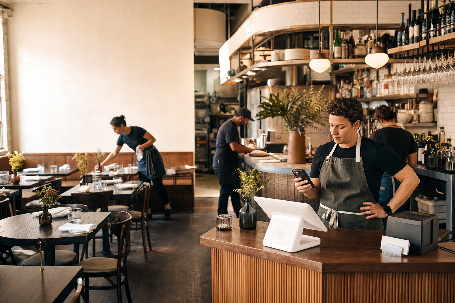 Independent bistro mid-service in warm natural light — an owner checking next week's schedule on her phone at the counter.