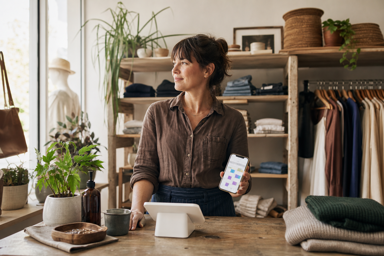 Independent boutique retail floor in warm light — an owner at the counter with next week's schedule on her phone.