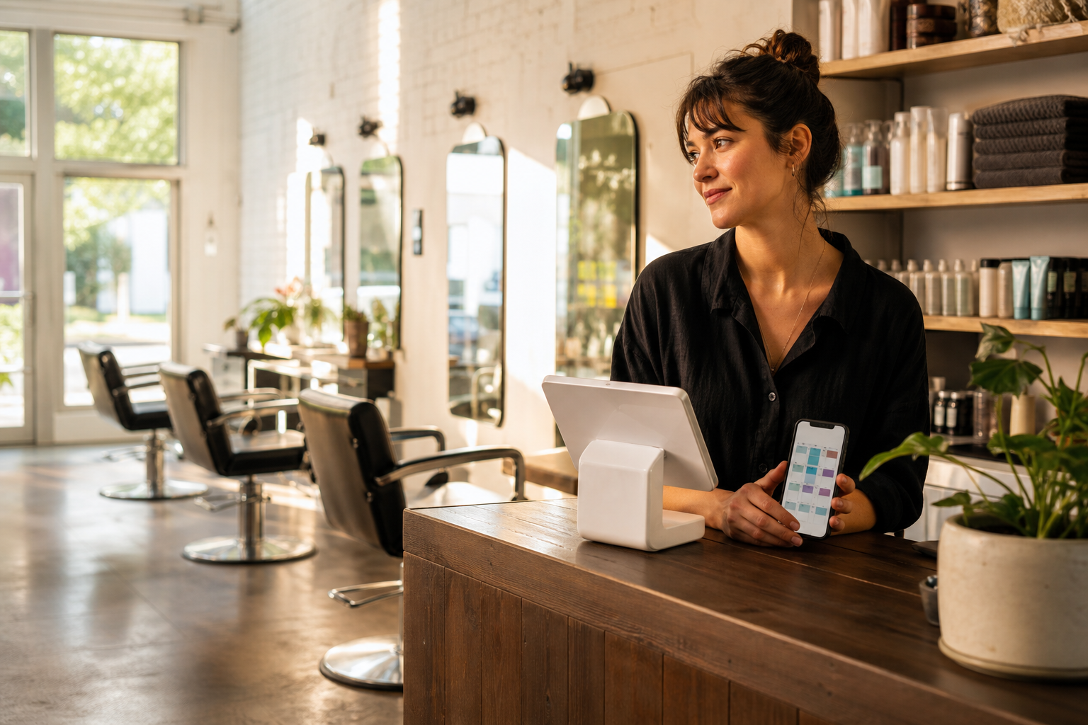Independent hair salon with styling stations and mirrors in warm light — an owner at the front desk with the schedule on her phone.