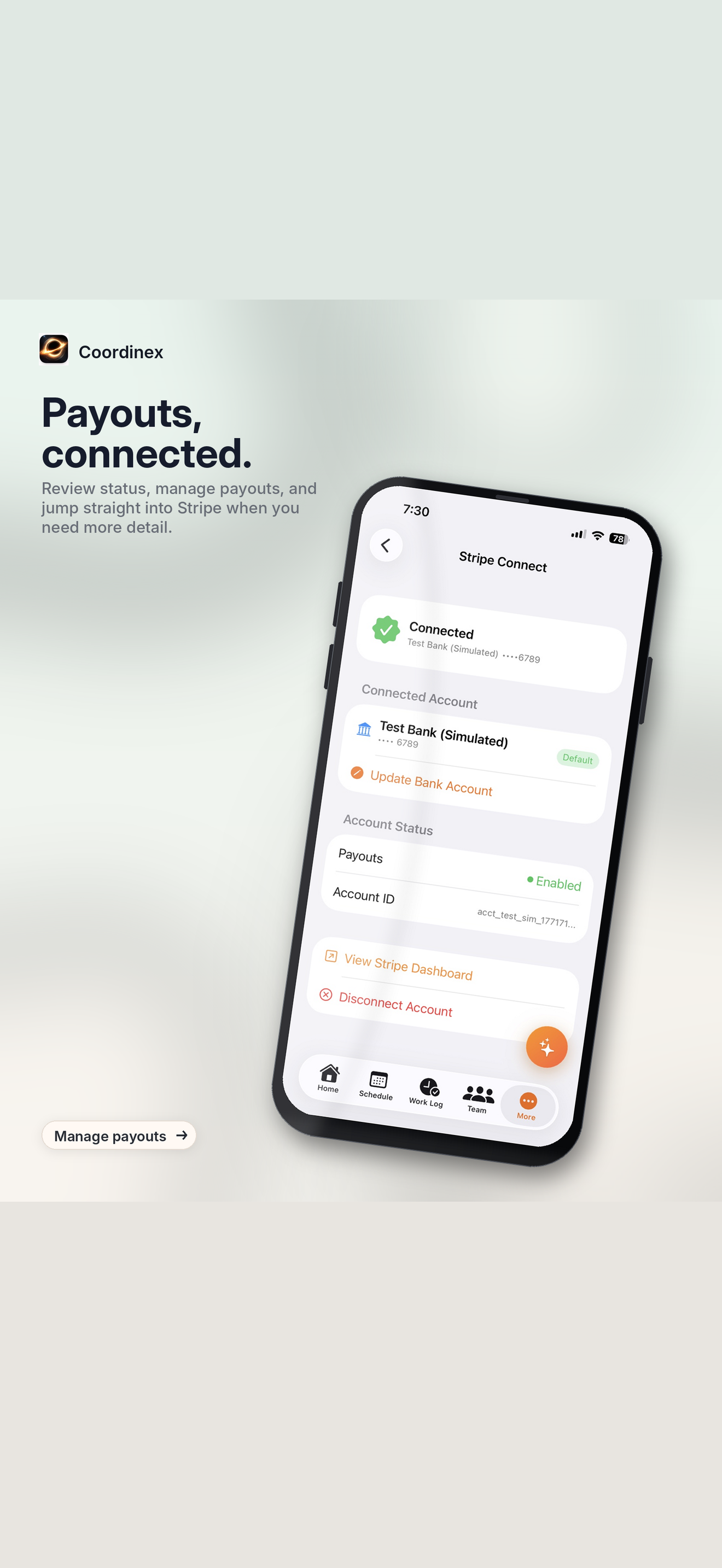 Coordinex Stripe Connect setup — same-day payouts on cleared timesheets