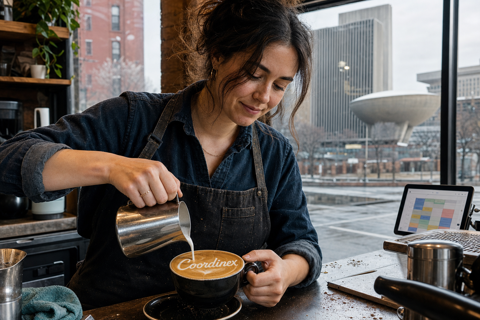 Young adult woman barista pouring milk into latte art spelling Coordinex, with a point-of-sale tablet nearby inside a coffee shop in Albany, NY.