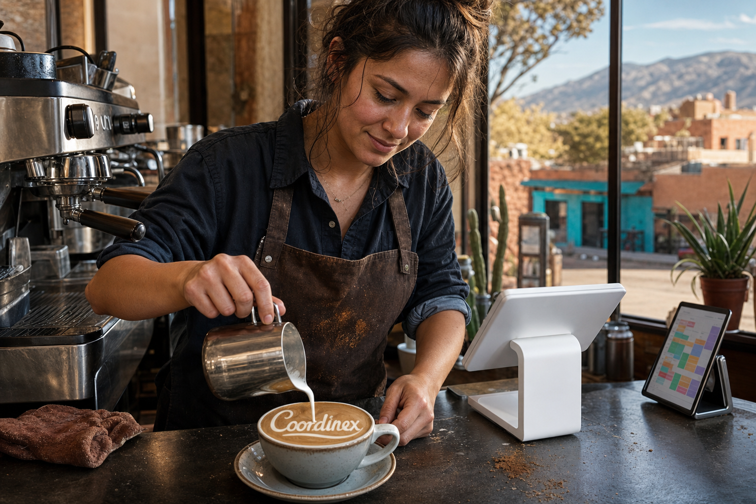 Young adult woman barista pouring milk into latte art spelling Coordinex, with a point-of-sale tablet nearby inside a coffee shop in Albuquerque, NM.