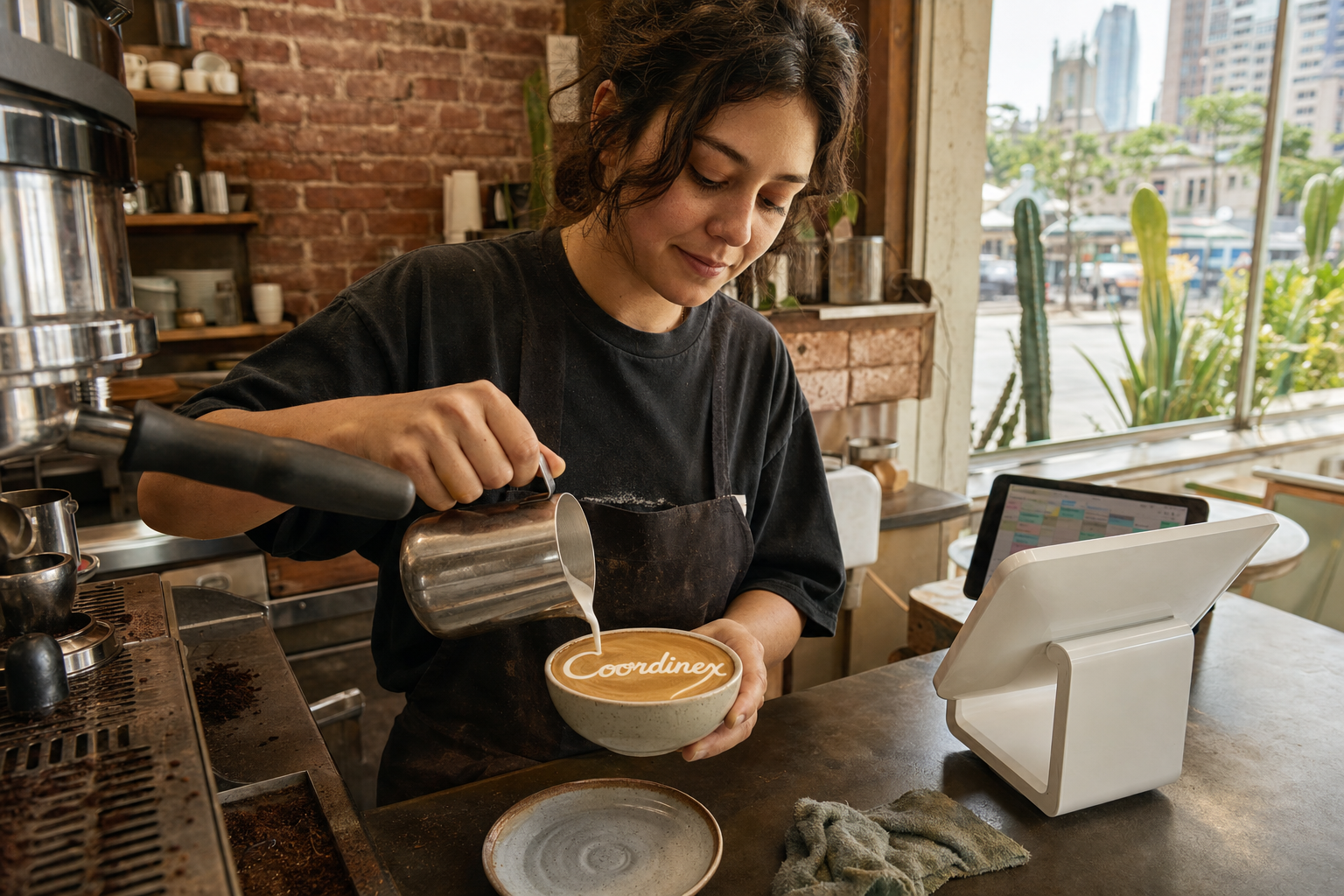 Young adult woman barista pouring milk into latte art spelling Coordinex, with a point-of-sale tablet nearby inside a coffee shop in Austin, TX.