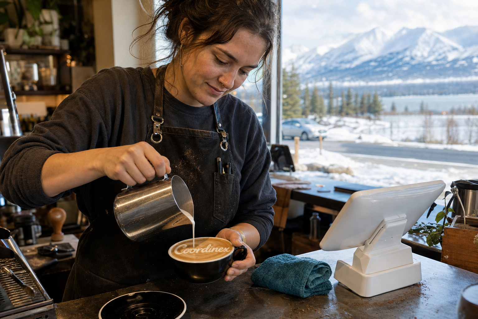 Big Lake coffee shop near Big Lake waterfront, Parks Highway, and Houston schools with Alaska morning light at the espresso bar.
