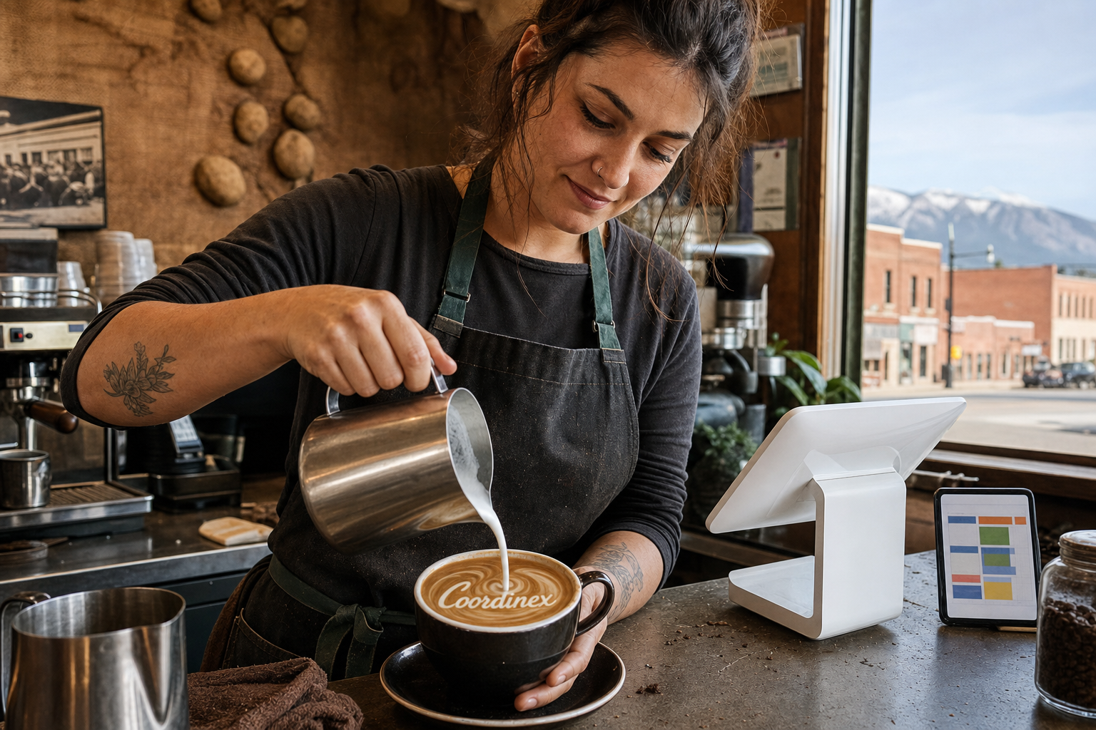 Blackfoot coffee shop near Downtown Blackfoot, Idaho Potato Museum, and Eastern Idaho State Fairgrounds with Idaho morning light at the espresso bar.