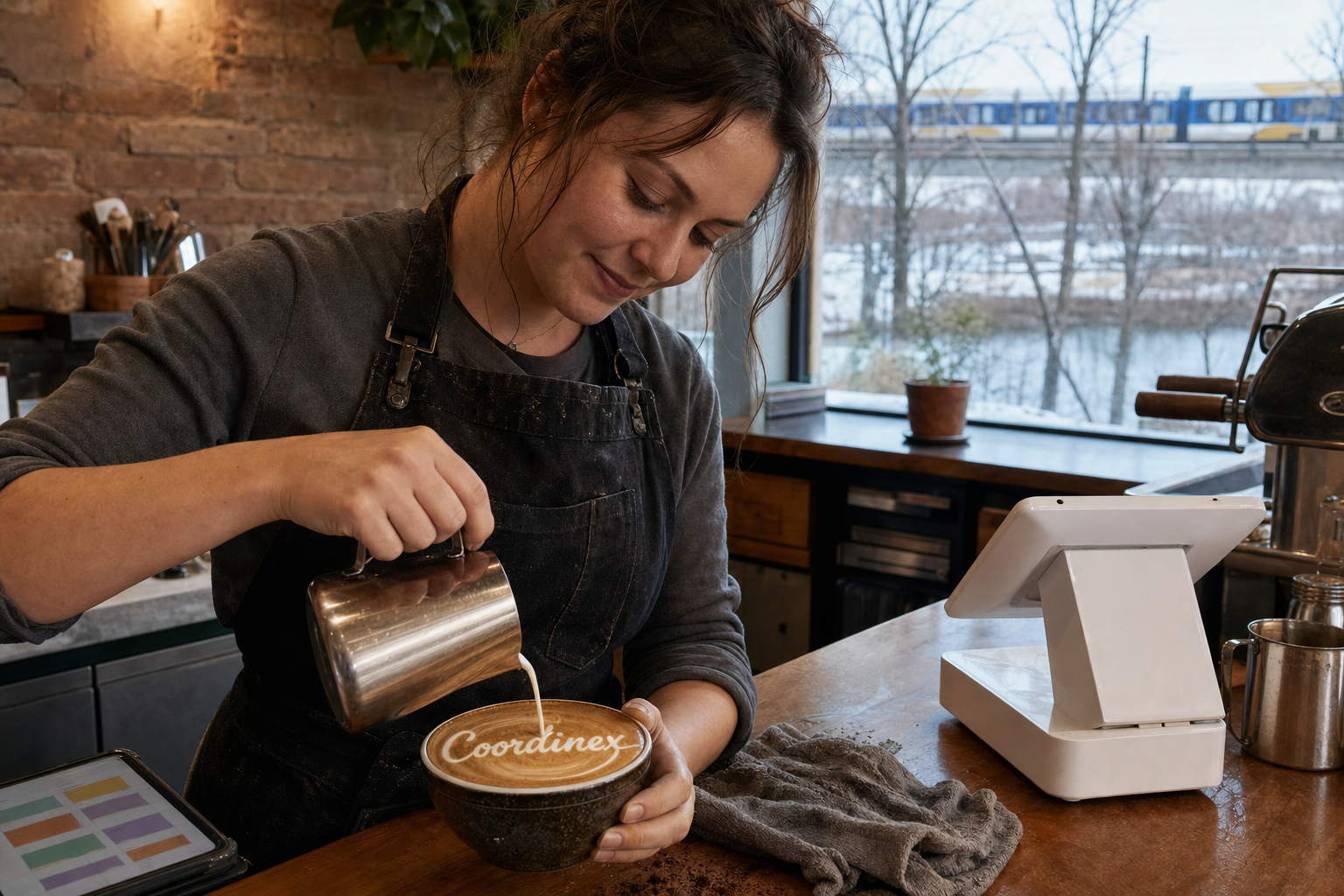 Young adult woman barista pouring milk into latte art spelling Coordinex, with a point-of-sale tablet nearby inside a coffee shop in Bloomington, MN.