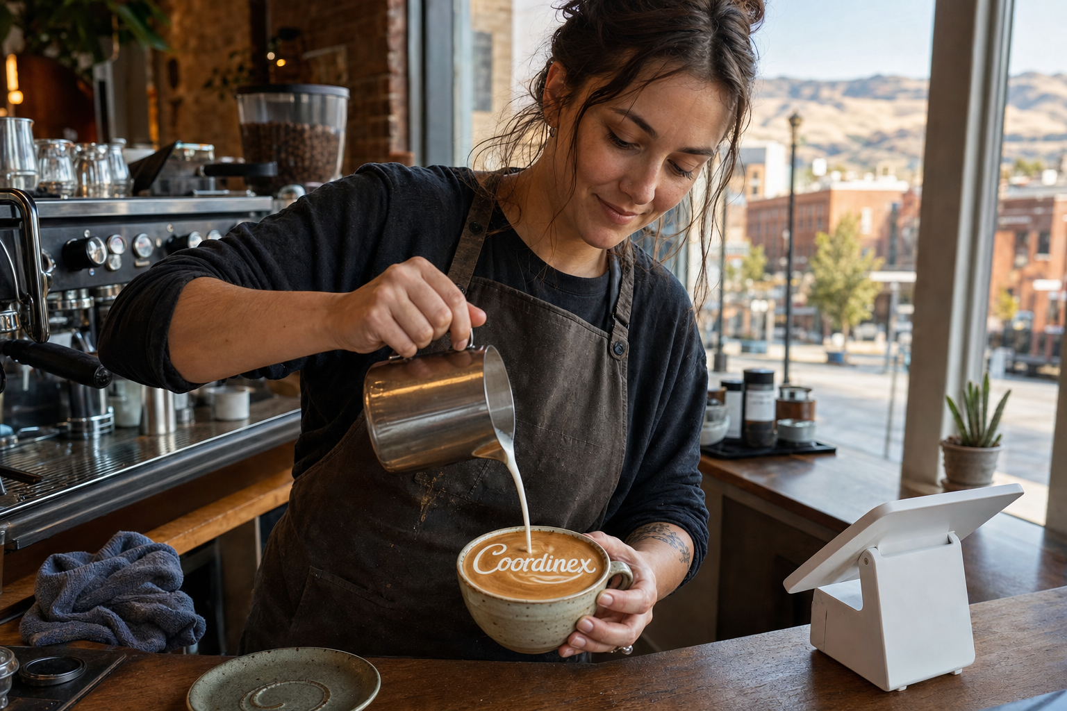 Young adult woman barista pouring milk into latte art spelling Coordinex, with a point-of-sale tablet nearby inside a coffee shop in Boise, ID.