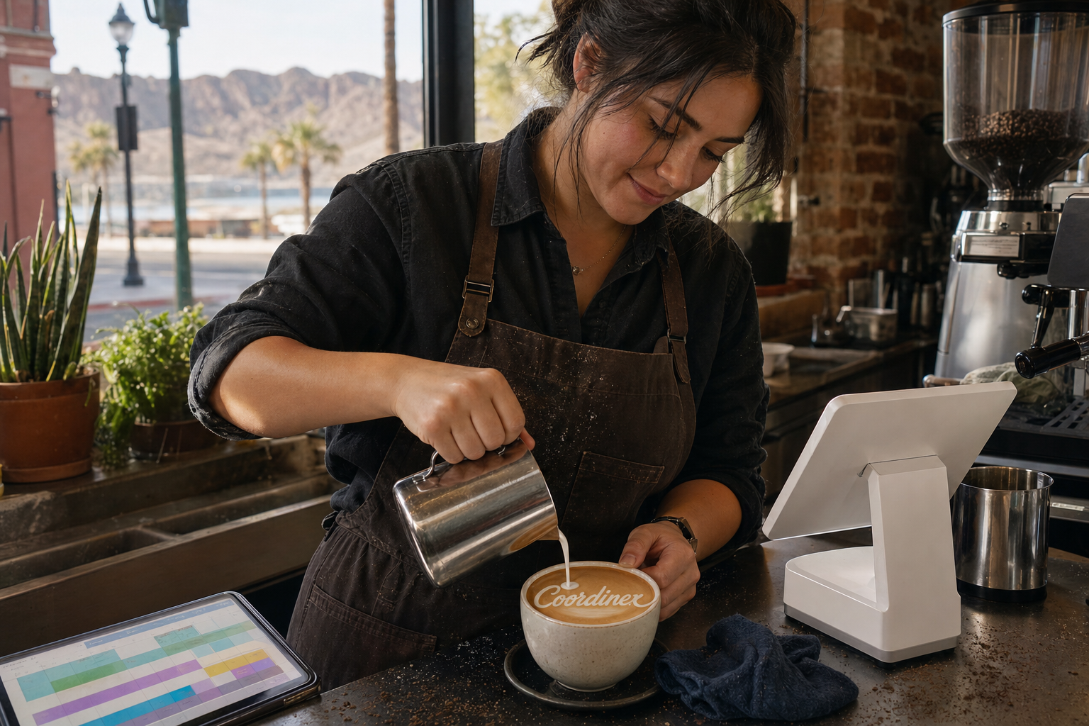 Young adult woman barista pouring milk into latte art spelling Coordinex, with a point-of-sale tablet nearby inside a coffee shop in Boulder City, NV.