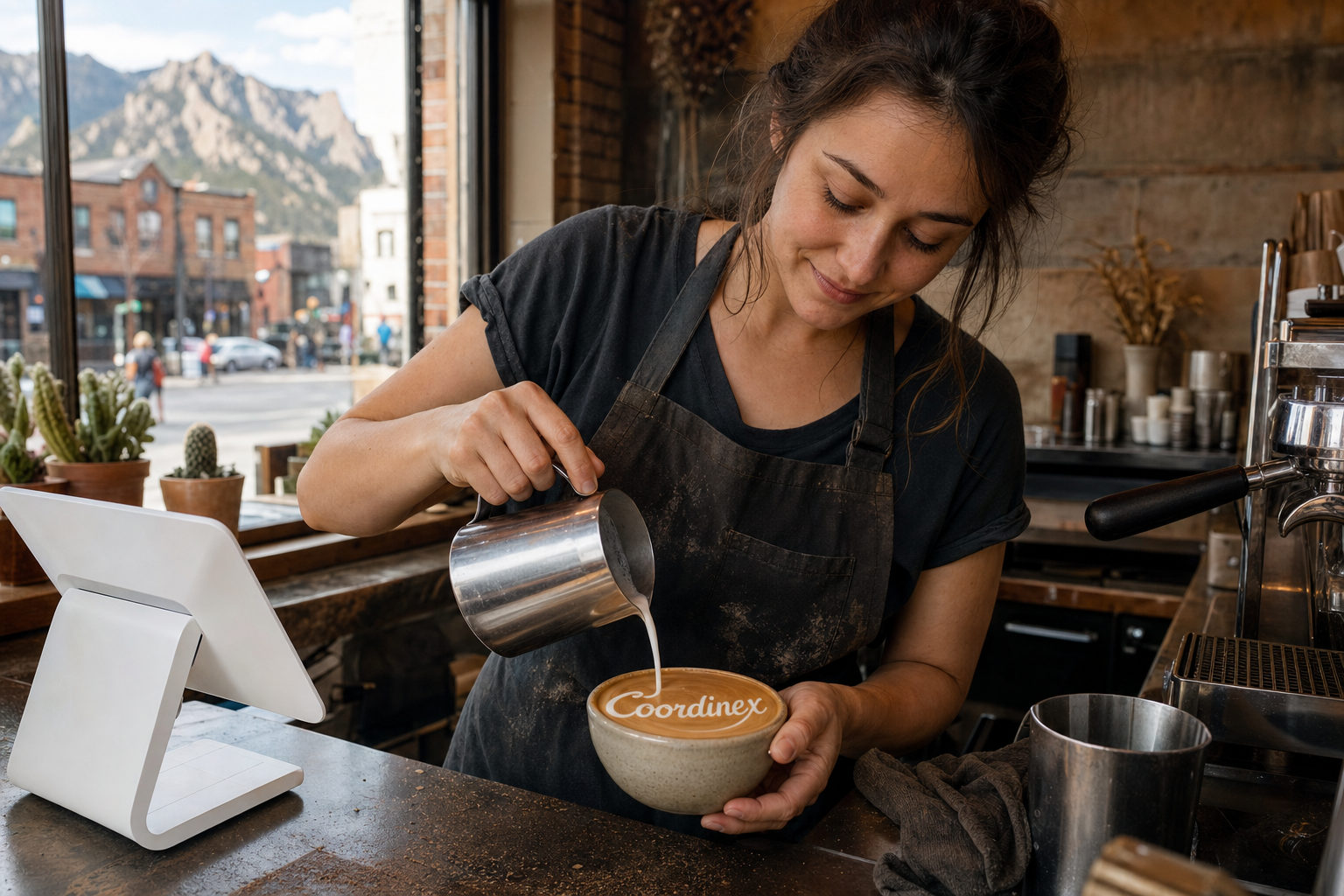 Young adult woman barista pouring milk into latte art spelling Coordinex, with a point-of-sale tablet nearby inside a coffee shop in Boulder, CO.