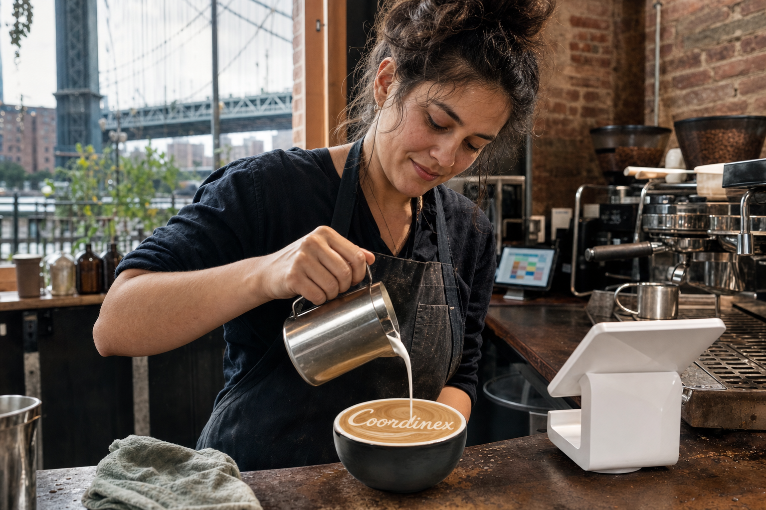 Young adult woman barista pouring milk into latte art spelling Coordinex, with a point-of-sale tablet nearby inside a coffee shop in Brooklyn, NY.