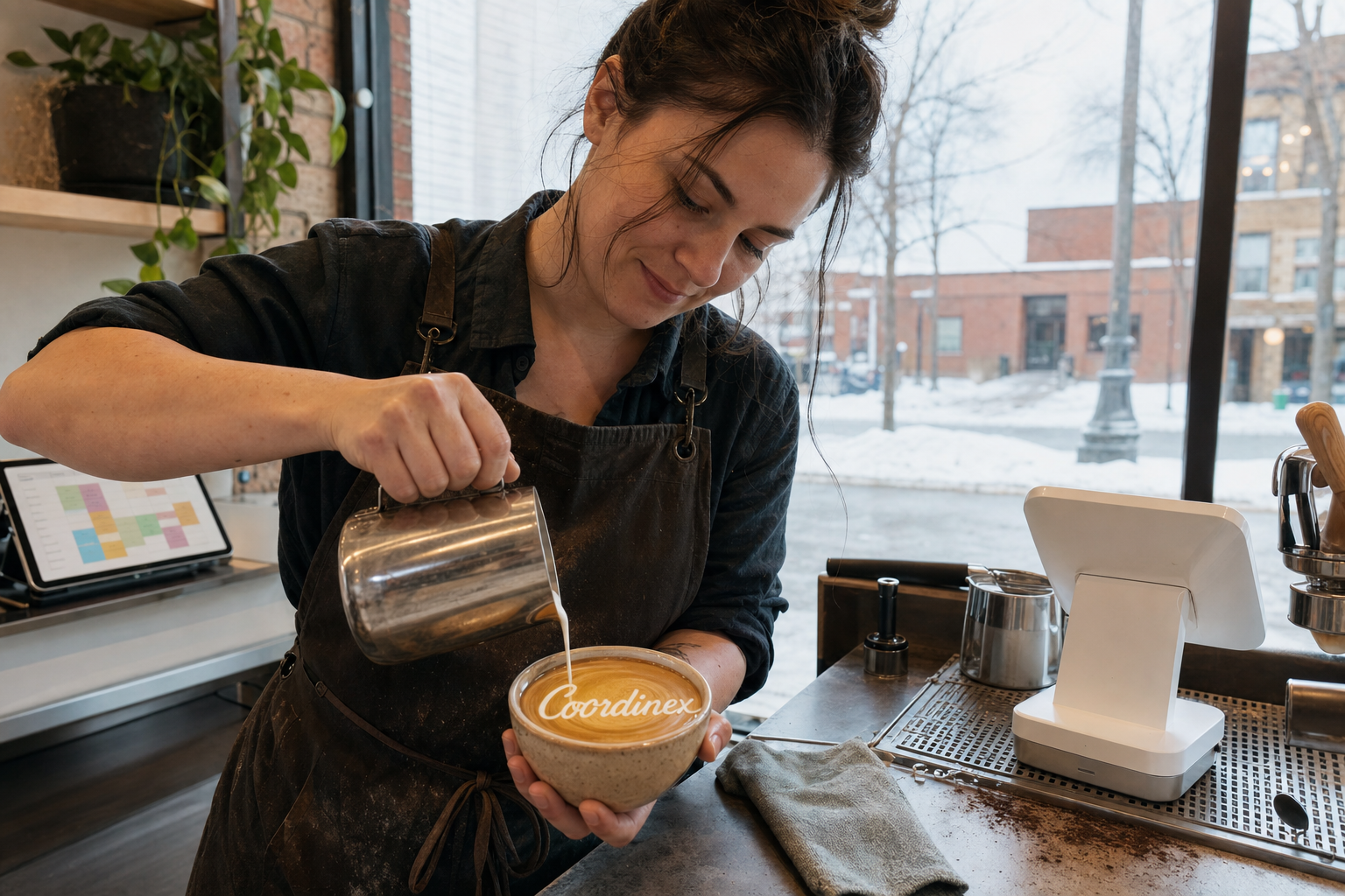 Young adult woman barista pouring milk into latte art spelling Coordinex, with a point-of-sale tablet nearby inside a coffee shop in Brooklyn Park, MN.