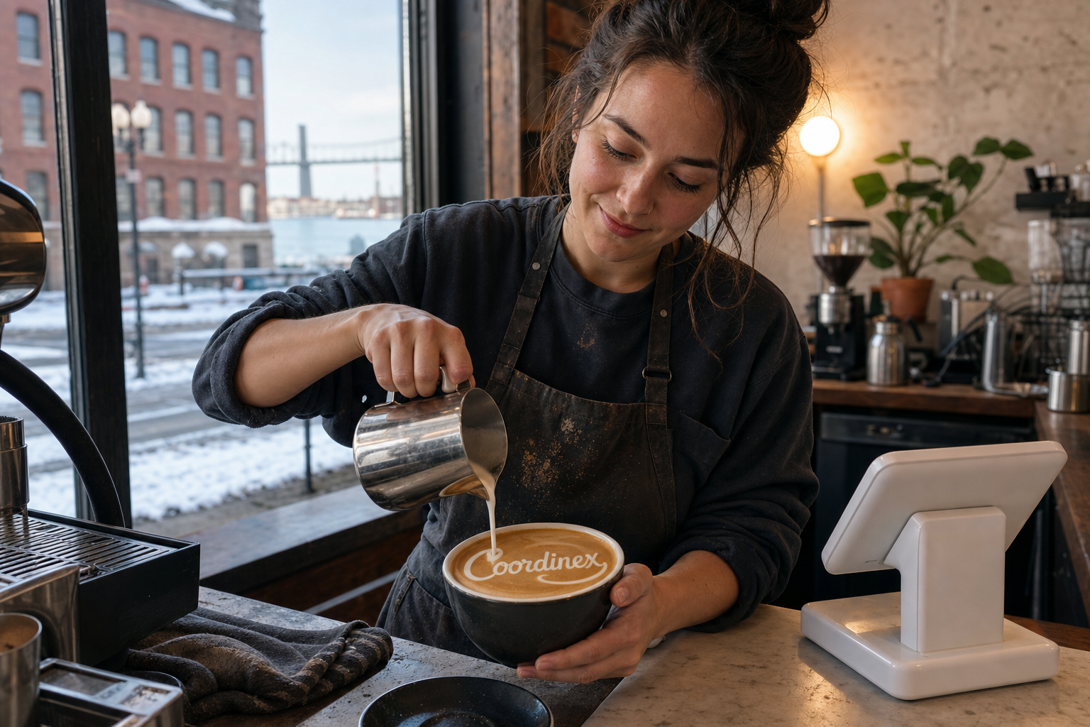 Young adult woman barista pouring milk into latte art spelling Coordinex, with a point-of-sale tablet nearby inside a coffee shop in Buffalo, NY.
