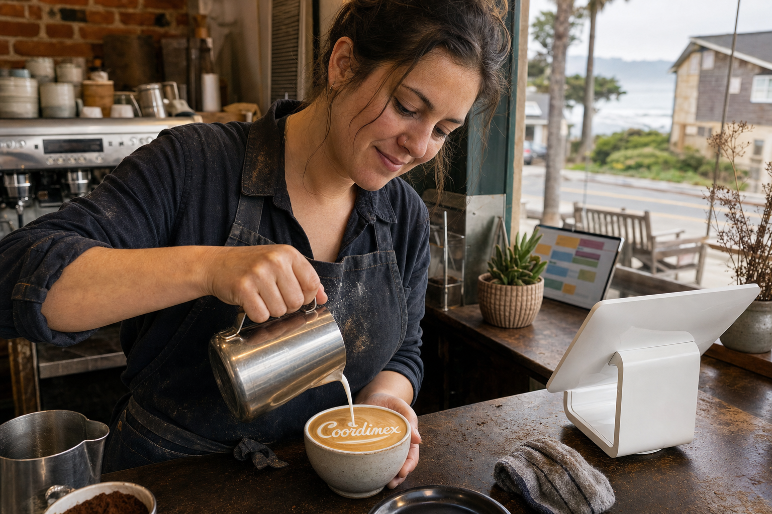 Young adult woman barista pouring milk into latte art spelling Coordinex, with a point-of-sale tablet nearby inside a coffee shop in Cambria, CA.