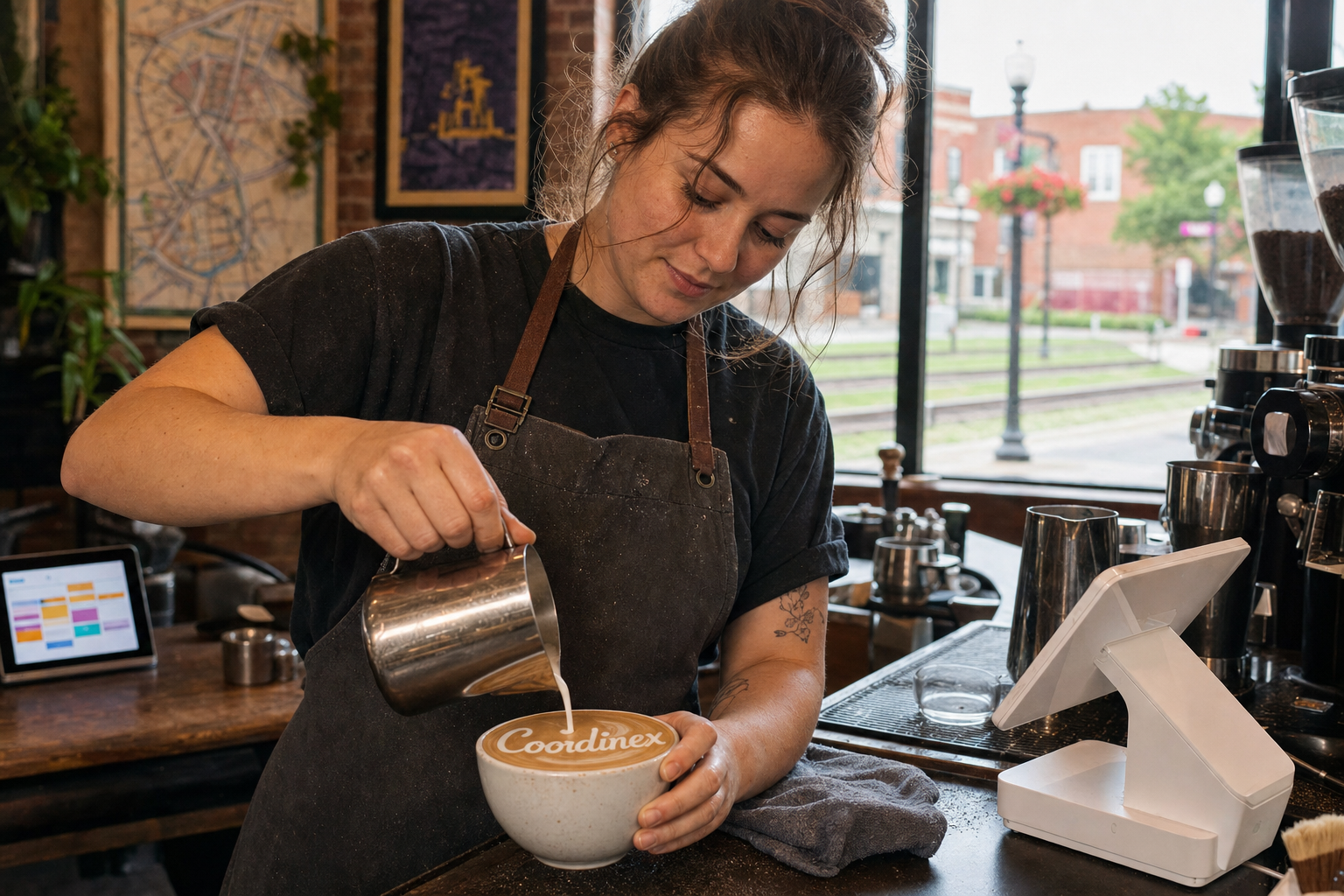Young adult woman barista pouring milk into latte art spelling Coordinex, with a point-of-sale tablet nearby inside a coffee shop in Cedar Falls, IA.