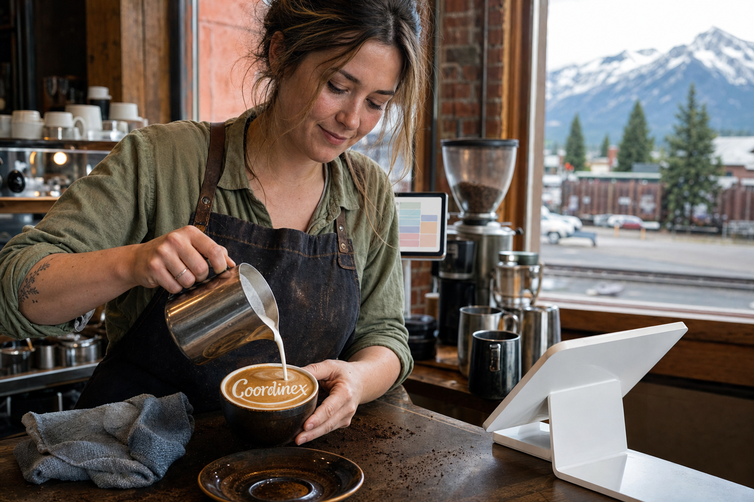 Columbia Falls coffee shop near Downtown Columbia Falls, Glacier National Park gateway, and Flathead River with Montana morning light at the espresso bar.