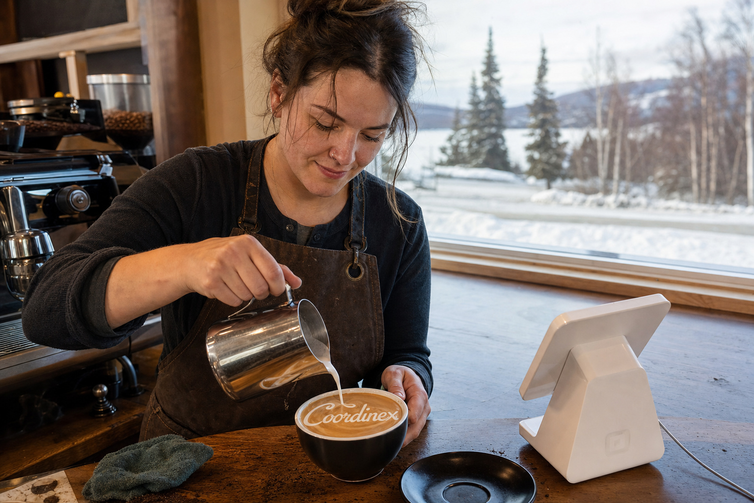 Delta Junction coffee shop near Richardson Highway, Alaska Highway terminus, and Fort Greely corridor with Alaska morning light at the espresso bar.