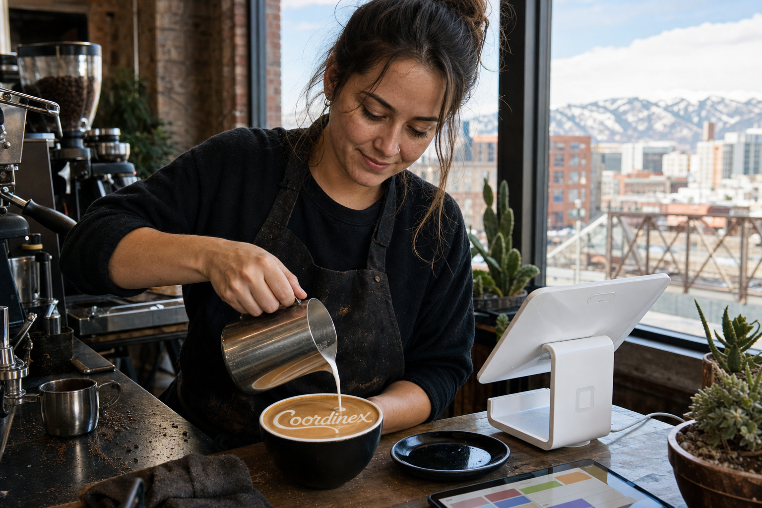 Young adult woman barista pouring milk into latte art spelling Coordinex, with a point-of-sale tablet nearby inside a coffee shop in Denver, CO.